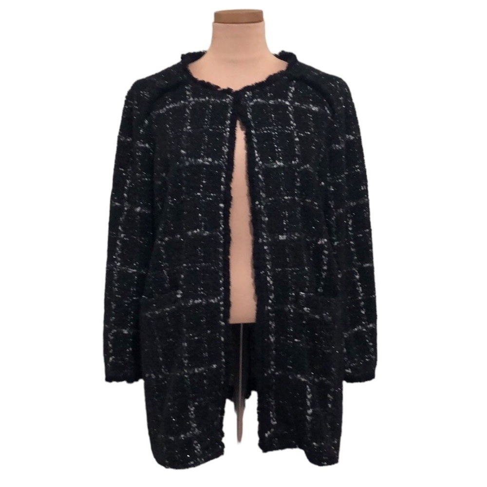 NWOT Adrianna Papell Jacket Size Medium Black Silver White Plaid Tweed Boucle